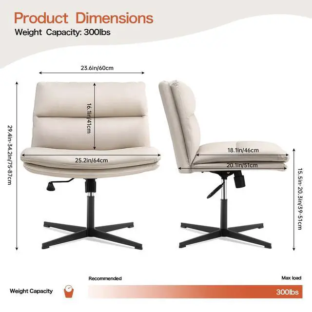 Alt view image 3 of 6 - Criss Cross Chair No Wheels Armless Desk Chair Comfy, PU Leather | Vanity Chair Mid-Back for Home Computer Comfortable Adjustable Swivel Task Chair with Thickened Cushion