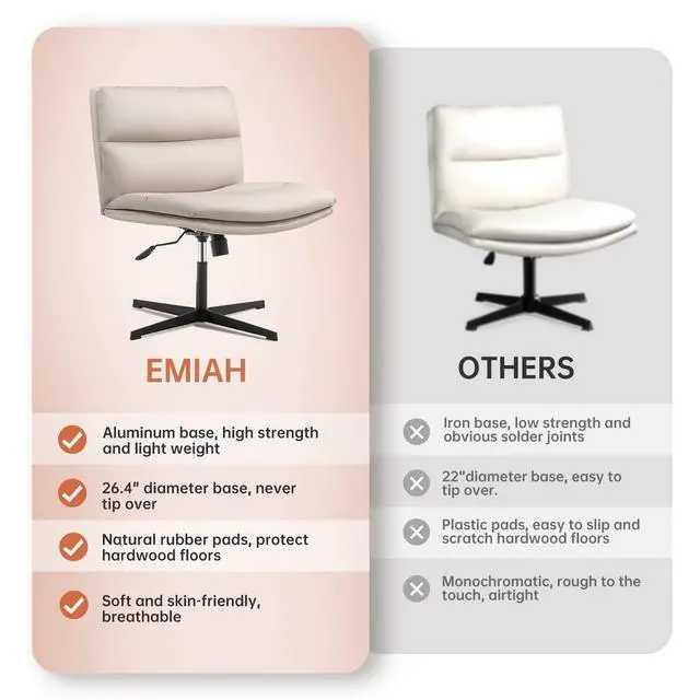 Alt view image 4 of 6 - Criss Cross Chair No Wheels Armless Desk Chair Comfy, PU Leather | Vanity Chair Mid-Back for Home Computer Comfortable Adjustable Swivel Task Chair with Thickened Cushion