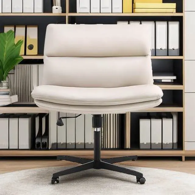 Alt view image 6 of 6 - Criss Cross Chair No Wheels Armless Desk Chair Comfy, PU Leather | Vanity Chair Mid-Back for Home Computer Comfortable Adjustable Swivel Task Chair with Thickened Cushion