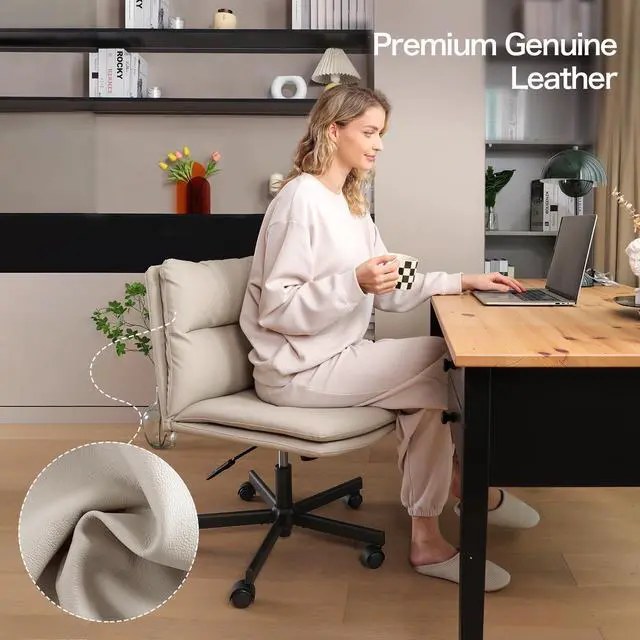 Alt view image 4 of 6 - Criss Cross Office Chair with Wheels Desk Chair Comfy Genuine Leather | Cross Legged Office Chair Mid-Back Vanity Chair Ergonomic Swivel Task Chair with Thickened Cushion
