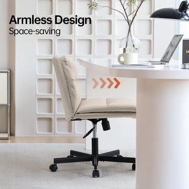 Alt view image 6 of 6 - Criss Cross Office Chair with Wheels Desk Chair Comfy Genuine Leather | Cross Legged Office Chair Mid-Back Vanity Chair Ergonomic Swivel Task Chair with Thickened Cushion