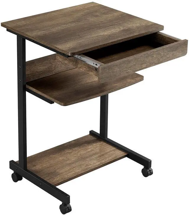 Main image of Small Rolling Computer Desk with Storage Drawer, Rolling Home Office Computer Desk with Keyboard Tray, Laptop Desk with Wheels and Drawer, Taupe Wood