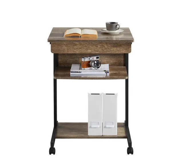 Alt view image 4 of 6 - Small Rolling Computer Desk with Storage Drawer, Rolling Home Office Computer Desk with Keyboard Tray, Laptop Desk with Wheels and Drawer, Taupe Wood