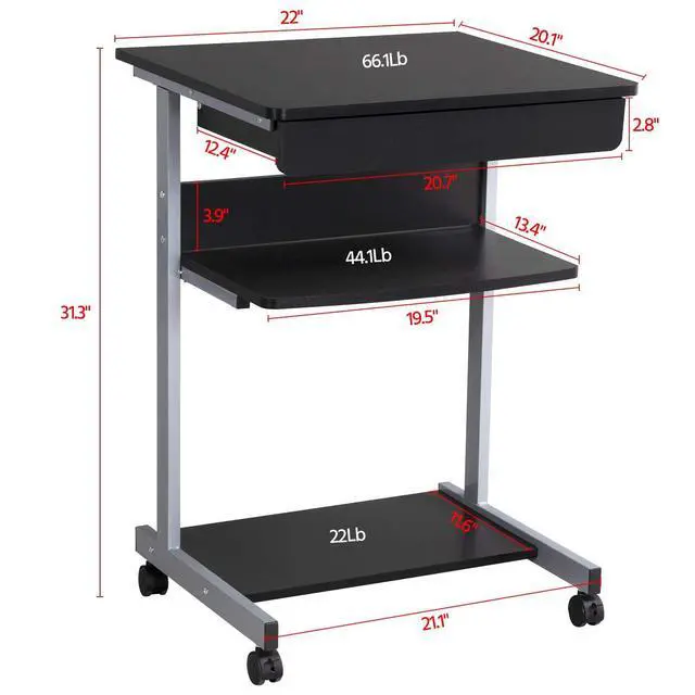 Alt view image 3 of 6 - Mobile Computer Desk Cart, Small Rolling Laptop Desk PC Table Workstation with Drawer and Printer Shelf, Writing Desk Table for Small Space/Home Office