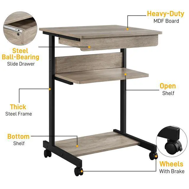 Alt view image 4 of 6 - Rolling Computer Desk with Drawer & Keyboard Tray, Mobile Laptop Desk Cart Standing Computer Workstation for Home Office, Gray