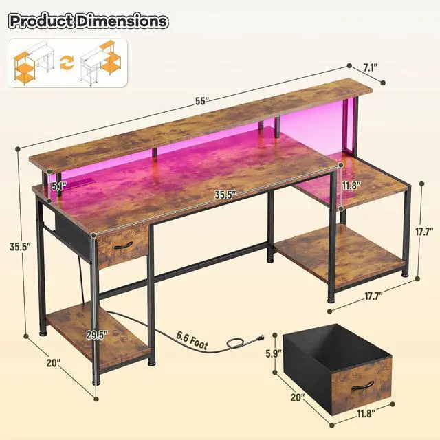 Alt view image 2 of 6 - Computer Desk with 55" Long Monitor Stand and 18" Ample Printer Space, Home Office Desk With RGB Lights and 3 AC Power Outlets, Zoned Storage Drawer and File Shelves, Study Desk, Writing Desk, Brown
