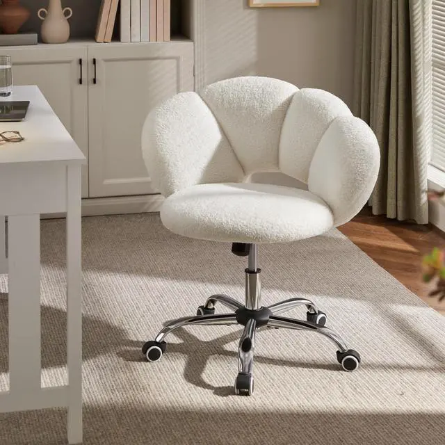 Alt view image 2 of 6 - Boucle Upholstered Desk Chair Cloud-Shaped Vanity Chair Adjustable Home Office Computer with Rolling Wheels for Living Room, Bedroom White