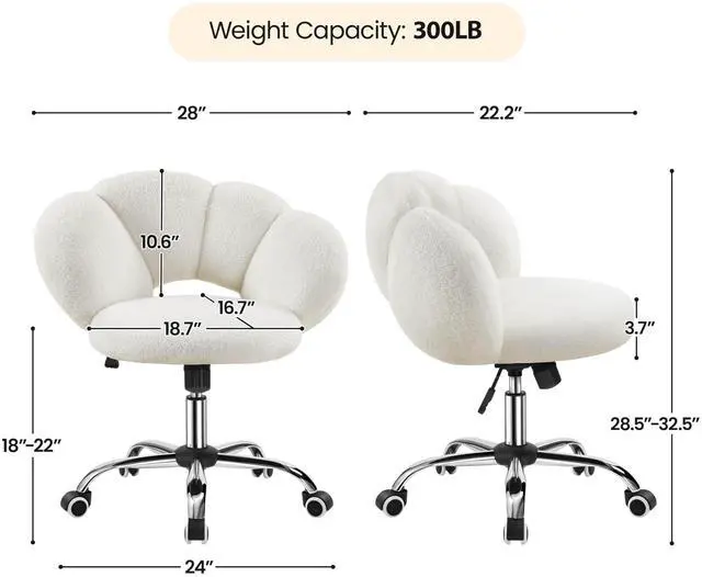 Alt view image 3 of 6 - Boucle Upholstered Desk Chair Cloud-Shaped Vanity Chair Adjustable Home Office Computer with Rolling Wheels for Living Room, Bedroom White