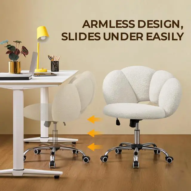Alt view image 4 of 6 - Boucle Upholstered Desk Chair Cloud-Shaped Vanity Chair Adjustable Home Office Computer with Rolling Wheels for Living Room, Bedroom White