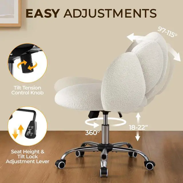 Alt view image 5 of 6 - Boucle Upholstered Desk Chair Cloud-Shaped Vanity Chair Adjustable Home Office Computer with Rolling Wheels for Living Room, Bedroom White