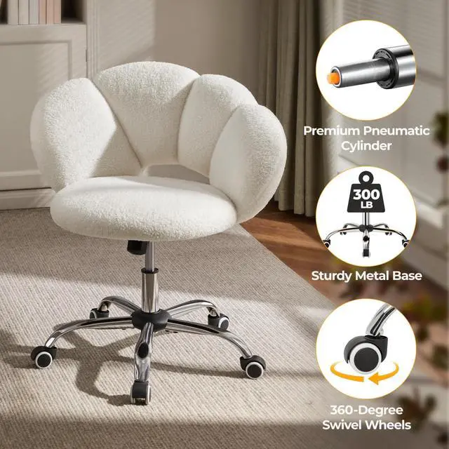 Alt view image 6 of 6 - Boucle Upholstered Desk Chair Cloud-Shaped Vanity Chair Adjustable Home Office Computer with Rolling Wheels for Living Room, Bedroom White