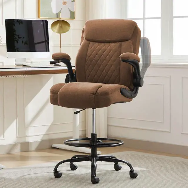 Main image of Drafting Chair for Standing Desk Tall Office Chair with Adjustable Height & Foot Ring, Flip-Up Arms, Lumbar Support Comfortable Fabric Seat, Ideal Home Desk Chair