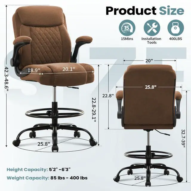 Alt view image 2 of 6 - Drafting Chair for Standing Desk Tall Office Chair with Adjustable Height & Foot Ring, Flip-Up Arms, Lumbar Support Comfortable Fabric Seat, Ideal Home Desk Chair
