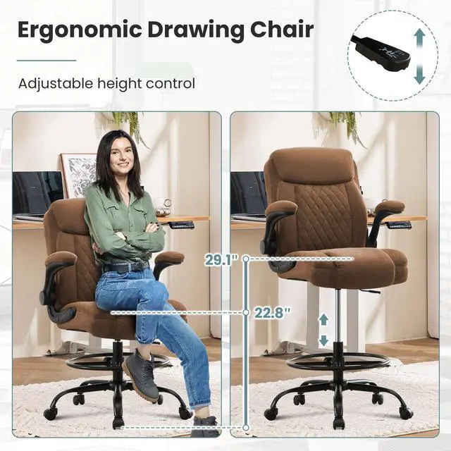 Alt view image 3 of 6 - Drafting Chair for Standing Desk Tall Office Chair with Adjustable Height & Foot Ring, Flip-Up Arms, Lumbar Support Comfortable Fabric Seat, Ideal Home Desk Chair