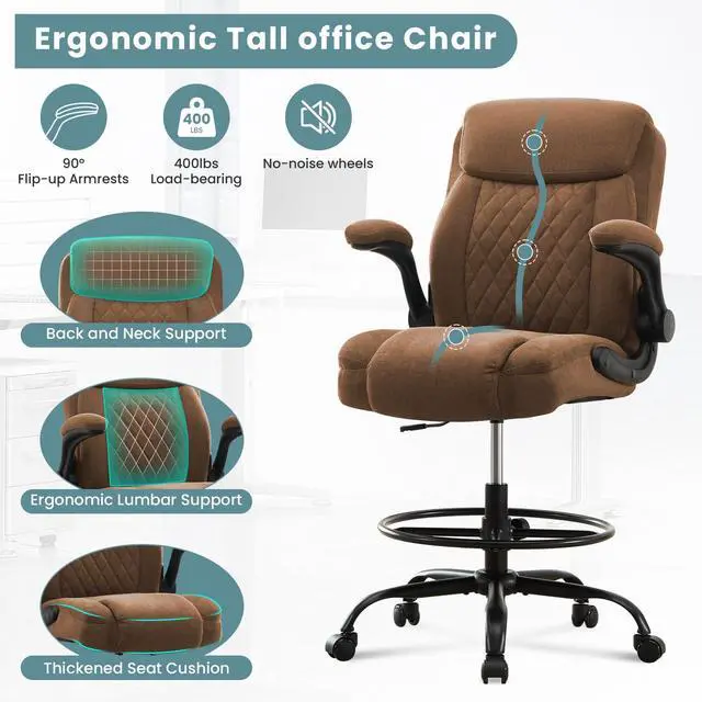 Alt view image 4 of 6 - Drafting Chair for Standing Desk Tall Office Chair with Adjustable Height & Foot Ring, Flip-Up Arms, Lumbar Support Comfortable Fabric Seat, Ideal Home Desk Chair
