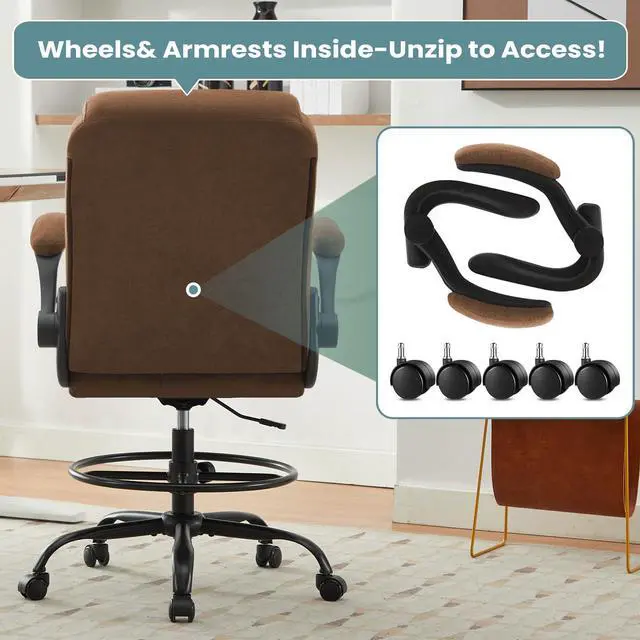 Alt view image 6 of 6 - Drafting Chair for Standing Desk Tall Office Chair with Adjustable Height & Foot Ring, Flip-Up Arms, Lumbar Support Comfortable Fabric Seat, Ideal Home Desk Chair