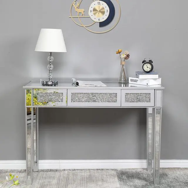 Main image of Mirrored Desk with 3 Drawers Silver Console Table Mirror Sofa Table with Crystal Inlay Front for Living Room, Entryway, Foyer, 42 Inch