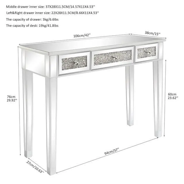 Alt view image 2 of 6 - Mirrored Desk with 3 Drawers Silver Console Table Mirror Sofa Table with Crystal Inlay Front for Living Room, Entryway, Foyer, 42 Inch