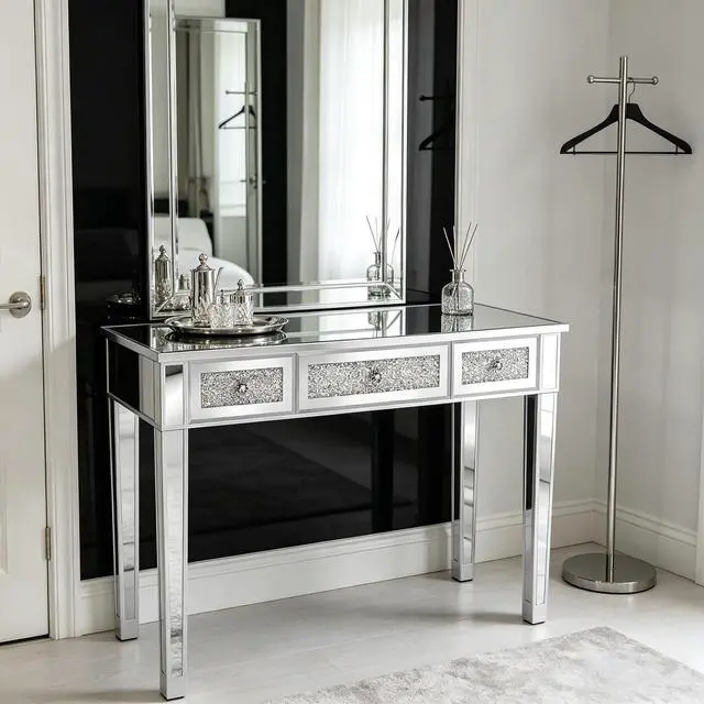 Alt view image 3 of 6 - Mirrored Desk with 3 Drawers Silver Console Table Mirror Sofa Table with Crystal Inlay Front for Living Room, Entryway, Foyer, 42 Inch