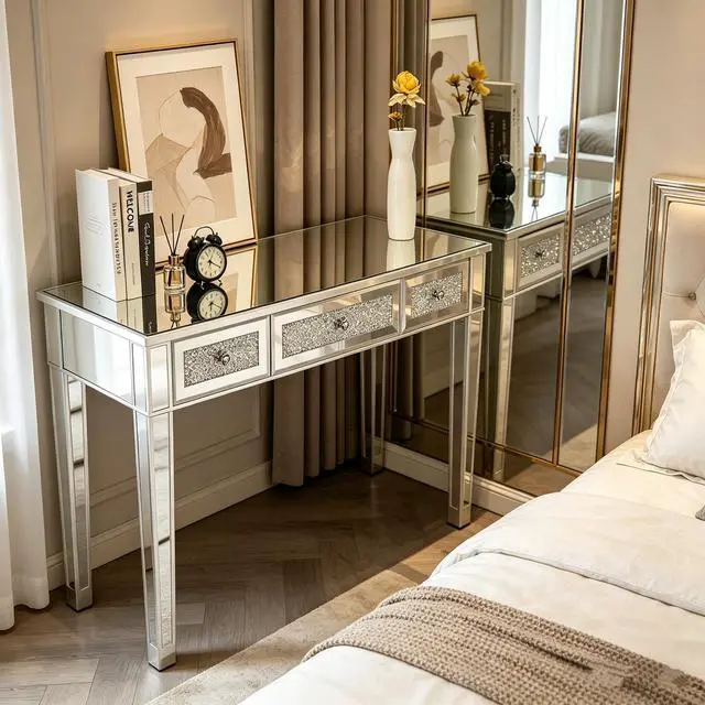 Alt view image 4 of 6 - Mirrored Desk with 3 Drawers Silver Console Table Mirror Sofa Table with Crystal Inlay Front for Living Room, Entryway, Foyer, 42 Inch