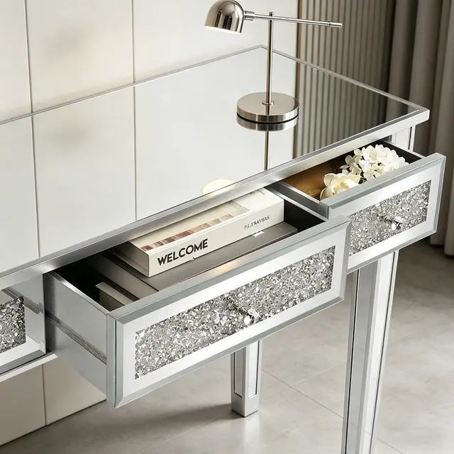 Alt view image 5 of 6 - Mirrored Desk with 3 Drawers Silver Console Table Mirror Sofa Table with Crystal Inlay Front for Living Room, Entryway, Foyer, 42 Inch