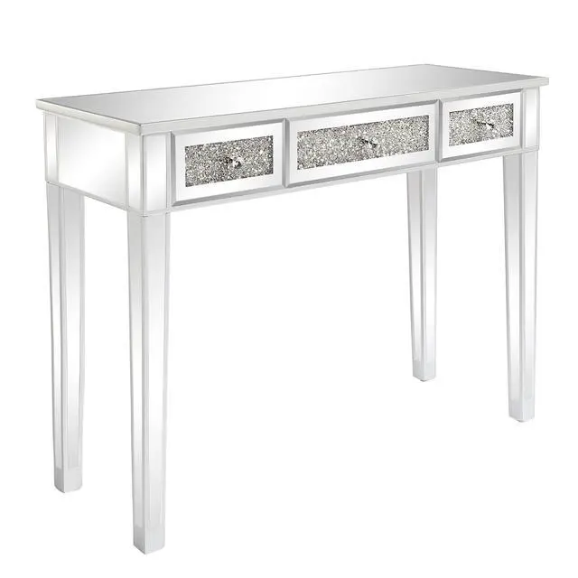 Alt view image 6 of 6 - Mirrored Desk with 3 Drawers Silver Console Table Mirror Sofa Table with Crystal Inlay Front for Living Room, Entryway, Foyer, 42 Inch