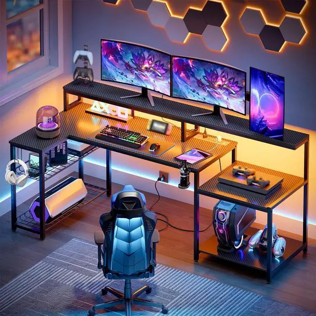 Main image of LED Gaming Desk with Power Outlets, 71 inch L Shaped Computer Desk with Monitor Stand, Large Desk with Printer Stand Adjustable Shelf, Cup Holder & Hooks, Home Office Desk Black | Carbon Fiber Desktop
