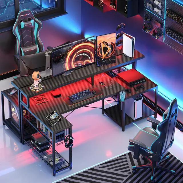Alt view image 3 of 6 - LED Gaming Desk with Power Outlets, 71 inch L Shaped Computer Desk with Monitor Stand, Large Desk with Printer Stand Adjustable Shelf, Cup Holder & Hooks, Home Office Desk Black | Carbon Fiber Desktop