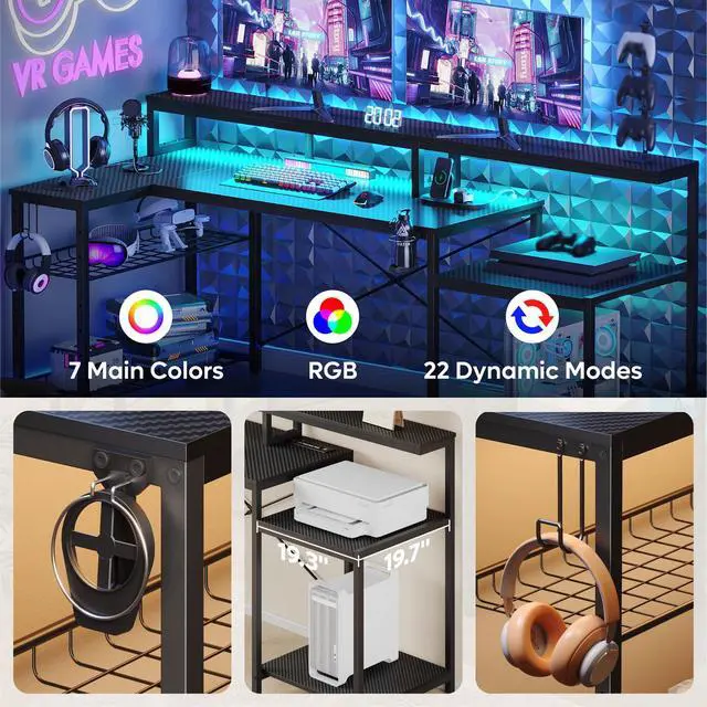 Alt view image 4 of 6 - LED Gaming Desk with Power Outlets, 71 inch L Shaped Computer Desk with Monitor Stand, Large Desk with Printer Stand Adjustable Shelf, Cup Holder & Hooks, Home Office Desk Black | Carbon Fiber Desktop