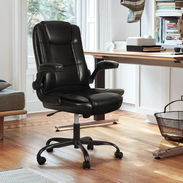 Alt view image 2 of 6 - Ergonomic Office Chair with Flip-up Armrests, Big and Tall Leather Executive Office Chair, High Back Lumbar Support Home Computer Desk Chair, Heavy and Duty Computer Chair (Black)