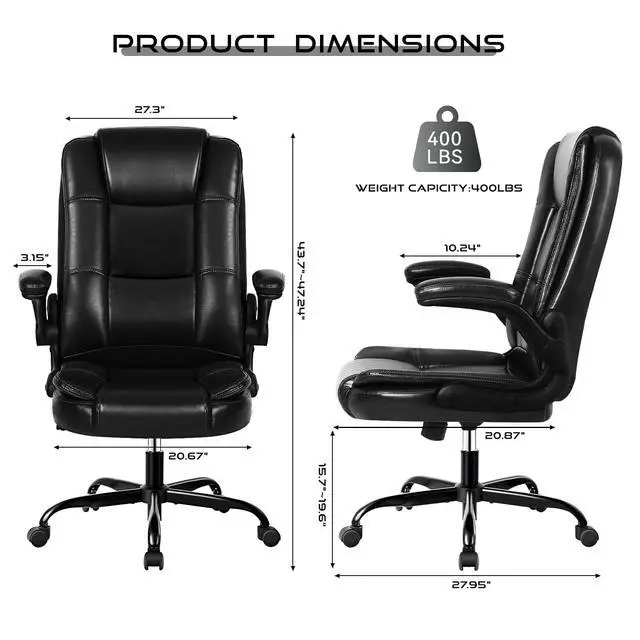 Alt view image 3 of 6 - Ergonomic Office Chair with Flip-up Armrests, Big and Tall Leather Executive Office Chair, High Back Lumbar Support Home Computer Desk Chair, Heavy and Duty Computer Chair (Black)