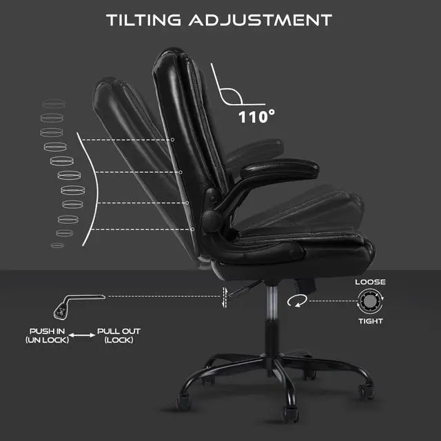 Alt view image 4 of 6 - Ergonomic Office Chair with Flip-up Armrests, Big and Tall Leather Executive Office Chair, High Back Lumbar Support Home Computer Desk Chair, Heavy and Duty Computer Chair (Black)