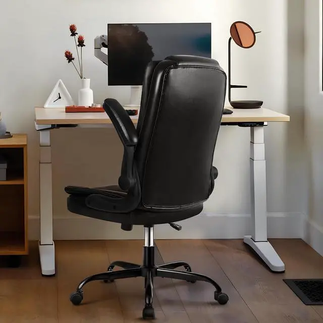 Alt view image 5 of 6 - Ergonomic Office Chair with Flip-up Armrests, Big and Tall Leather Executive Office Chair, High Back Lumbar Support Home Computer Desk Chair, Heavy and Duty Computer Chair (Black)