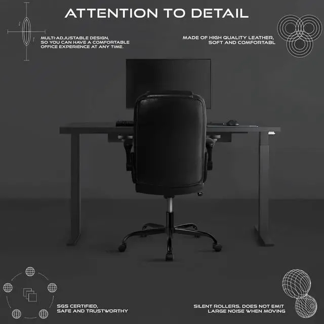 Alt view image 6 of 6 - Ergonomic Office Chair with Flip-up Armrests, Big and Tall Leather Executive Office Chair, High Back Lumbar Support Home Computer Desk Chair, Heavy and Duty Computer Chair (Black)