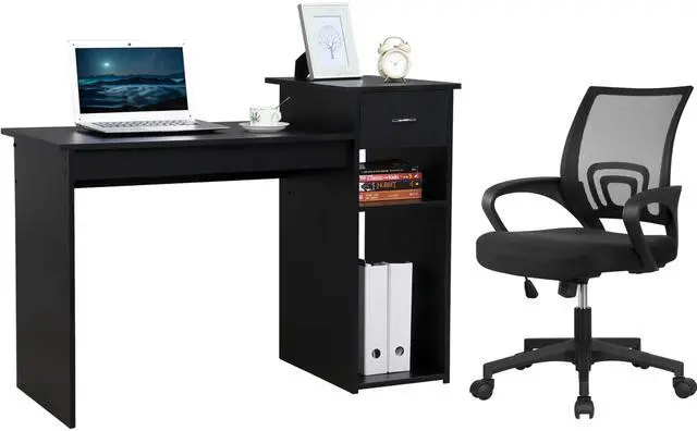 Main image of Home Office Modern Desk and Chair Set Computer Desk w/Drawer & Shelves with Ergonomic Mesh Height Adjustable Office Chair