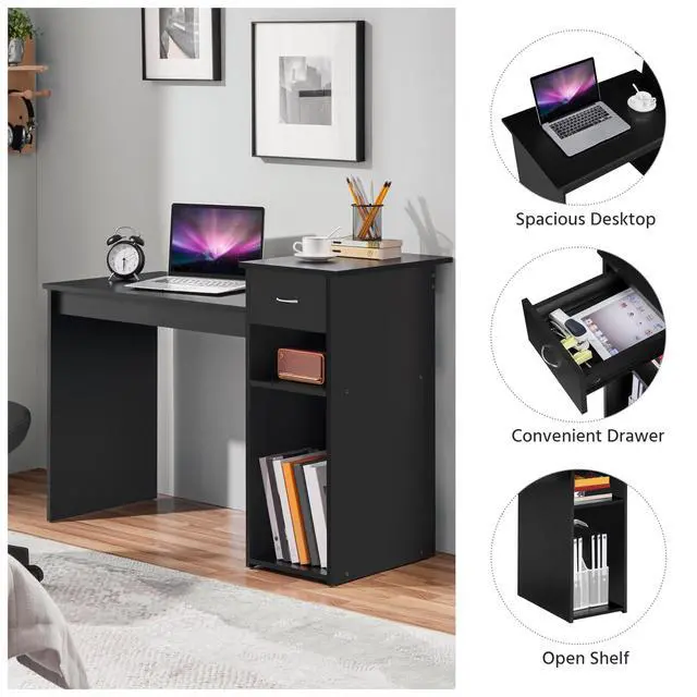 Alt view image 5 of 6 - Home Office Modern Desk and Chair Set Computer Desk w/Drawer & Shelves with Ergonomic Mesh Height Adjustable Office Chair