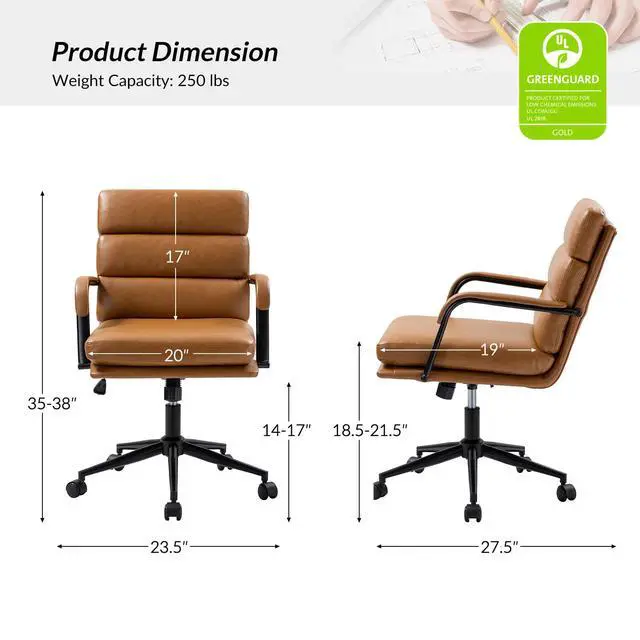 Alt view image 2 of 6 - Modern Faux Leather Home Office Chair with Tilt Lock, Camel | Leather Desk Chair with Wheels & Padded Cushion, 360° Swivel Wide Seat Computer Task Chair, Comfy Executive Chair