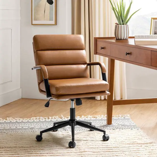 Alt view image 3 of 6 - Modern Faux Leather Home Office Chair with Tilt Lock, Camel | Leather Desk Chair with Wheels & Padded Cushion, 360° Swivel Wide Seat Computer Task Chair, Comfy Executive Chair