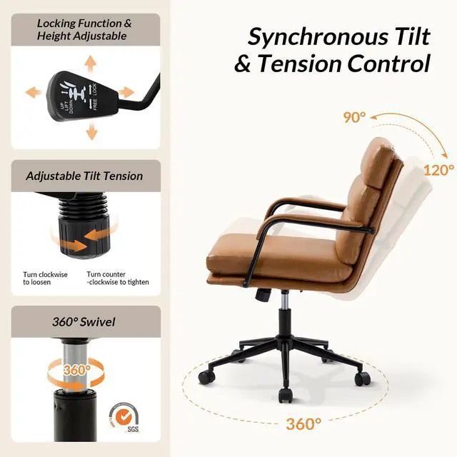 Alt view image 4 of 6 - Modern Faux Leather Home Office Chair with Tilt Lock, Camel | Leather Desk Chair with Wheels & Padded Cushion, 360° Swivel Wide Seat Computer Task Chair, Comfy Executive Chair