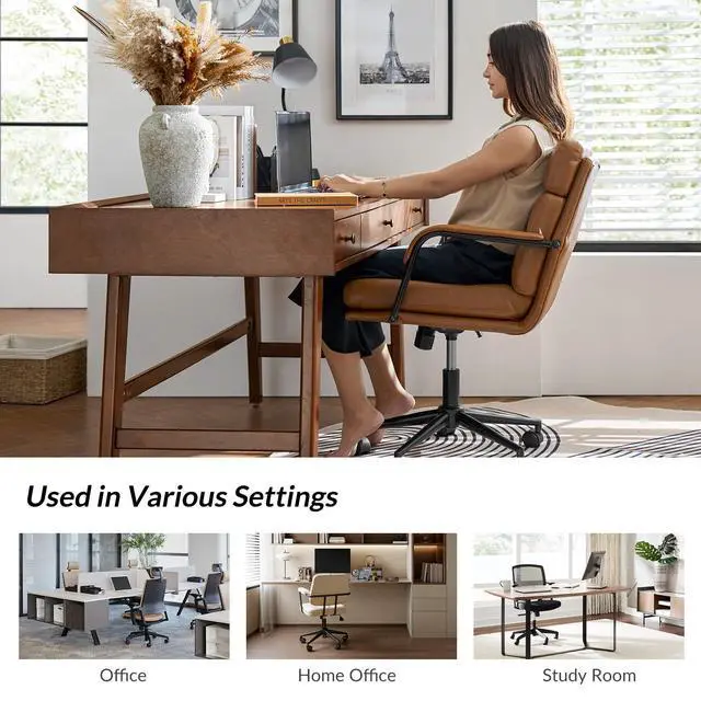 Alt view image 6 of 6 - Modern Faux Leather Home Office Chair with Tilt Lock, Camel | Leather Desk Chair with Wheels & Padded Cushion, 360° Swivel Wide Seat Computer Task Chair, Comfy Executive Chair