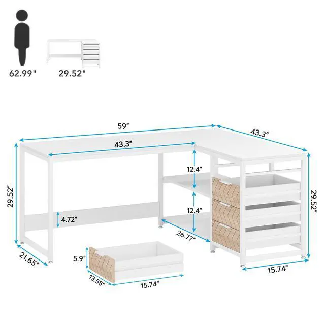 Alt view image 2 of 6 - L Shaped Computer Desk with Storage Drawers, 59 inch Corner Desk with Shelves, Reversible L-Shaped Office Desk Study Writing Table Workstation for Home Office, White