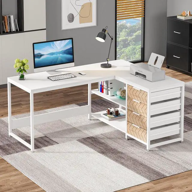Alt view image 3 of 6 - L Shaped Computer Desk with Storage Drawers, 59 inch Corner Desk with Shelves, Reversible L-Shaped Office Desk Study Writing Table Workstation for Home Office, White