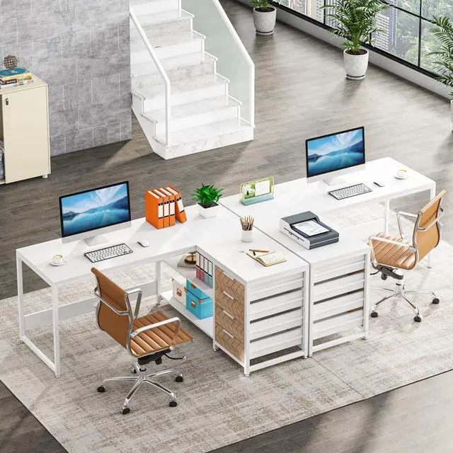 Alt view image 4 of 6 - L Shaped Computer Desk with Storage Drawers, 59 inch Corner Desk with Shelves, Reversible L-Shaped Office Desk Study Writing Table Workstation for Home Office, White