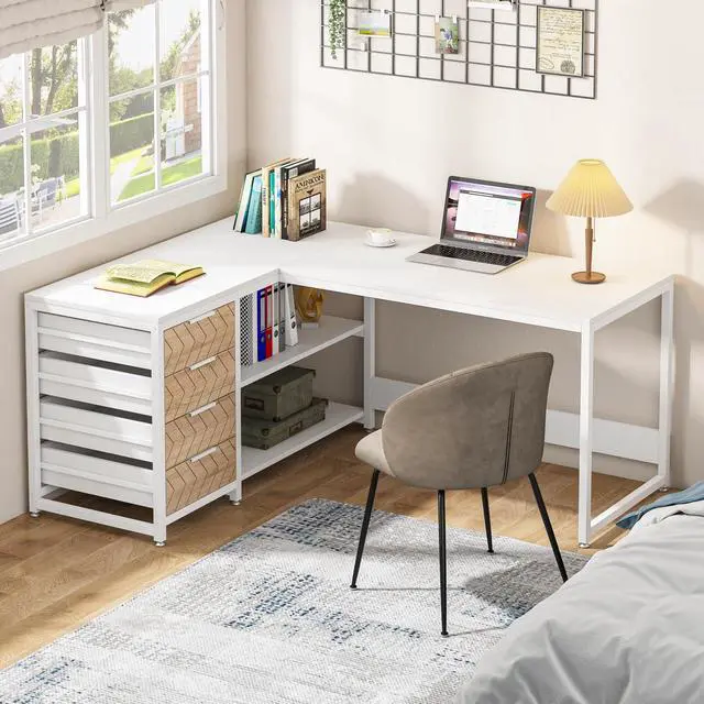 Alt view image 5 of 6 - L Shaped Computer Desk with Storage Drawers, 59 inch Corner Desk with Shelves, Reversible L-Shaped Office Desk Study Writing Table Workstation for Home Office, White