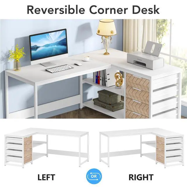 Alt view image 6 of 6 - L Shaped Computer Desk with Storage Drawers, 59 inch Corner Desk with Shelves, Reversible L-Shaped Office Desk Study Writing Table Workstation for Home Office, White