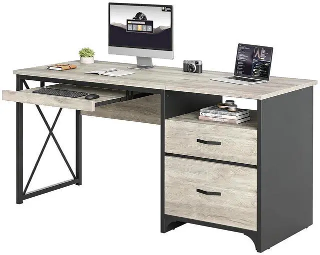 Main image of Office Desk with Drawers, 55 inch Industrial Computer Desk with Storage, Wood Teacher Desk with Keyboard Tray & File Drawer for Home Office, Light Gray Oak