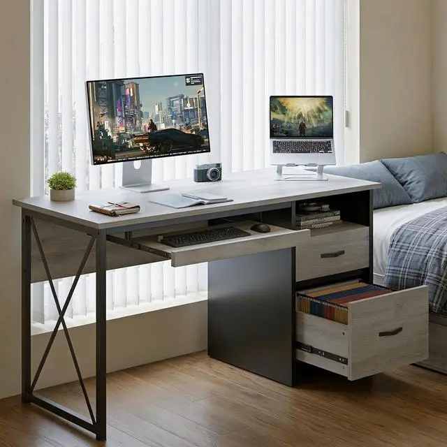 Alt view image 2 of 6 - Office Desk with Drawers, 55 inch Industrial Computer Desk with Storage, Wood Teacher Desk with Keyboard Tray & File Drawer for Home Office, Light Gray Oak