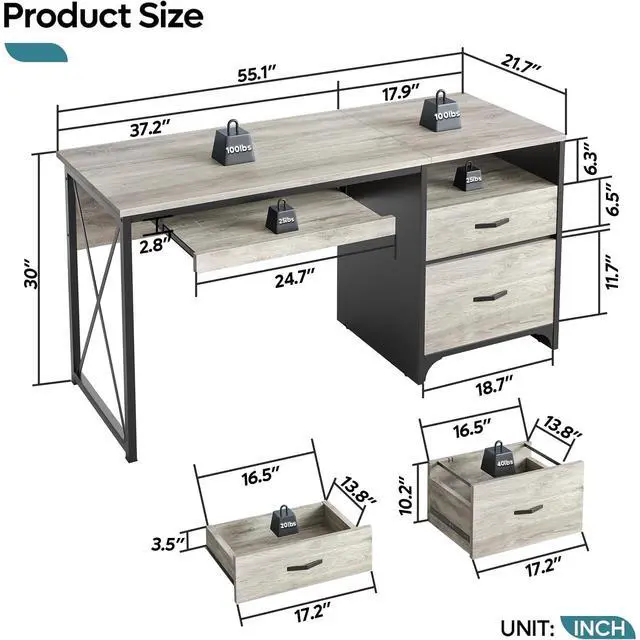 Alt view image 3 of 6 - Office Desk with Drawers, 55 inch Industrial Computer Desk with Storage, Wood Teacher Desk with Keyboard Tray & File Drawer for Home Office, Light Gray Oak