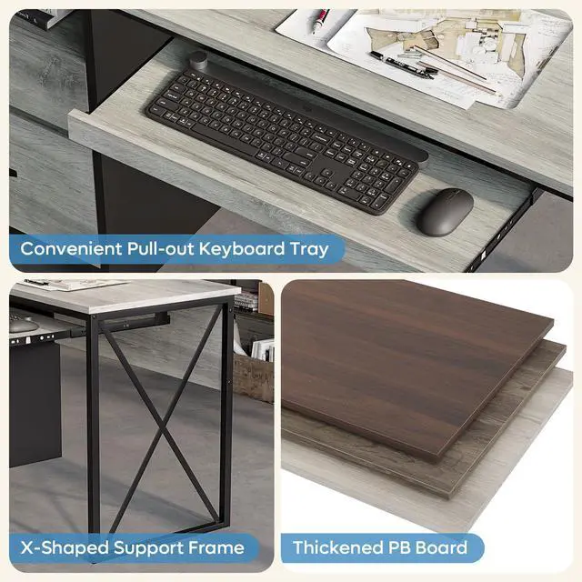 Alt view image 4 of 6 - Office Desk with Drawers, 55 inch Industrial Computer Desk with Storage, Wood Teacher Desk with Keyboard Tray & File Drawer for Home Office, Light Gray Oak