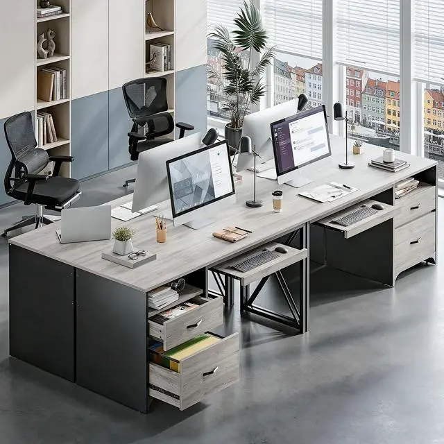 Alt view image 6 of 6 - Office Desk with Drawers, 55 inch Industrial Computer Desk with Storage, Wood Teacher Desk with Keyboard Tray & File Drawer for Home Office, Light Gray Oak